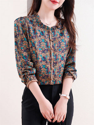 Beautiful Stand Collar Print Decorative Button Shirt for Ladies