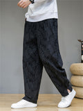 Men's Leaf Jacquard Side Slit Drawstring Casual Pants