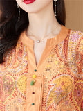 Retro Orange Paisley Print V Neck Half Sleeve Shirt for Women