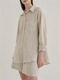 Female 100% Linen Short Sets Button Up Shirt + Casual Shorts