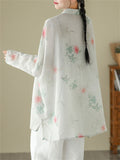 Lady Stand-up Collar Floral Printed Chinese Style Shirts