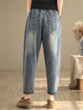 Women's Elastic Waist TR Patch Letter Embroidered Jeans