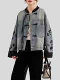 Women's Flower Embroidery Tassel Button Denim Jacket