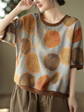 Women's Linen Silky Round Neck Short Sleeve Print Shirt