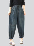 Lady Plain Dark Blue Oversized Drawstring Jeans