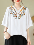 Women's Relaxed Elegant Floral Embroidered V-neck Shirts