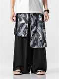 Men's Zen Ocean Wave Flying Crane Print Loose Hakama Pants