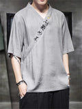 Men's Retro Linen V Neck Hanzi Embroidered Summer Shirt