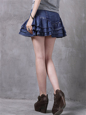 Women's Stylish Multi-Layer Embroidery Blue Denim Short Skirt