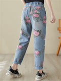 Ladies Casual Ripped Floral Print Denim Pants