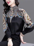 Women's Elegant Print Round Neck Puff Sleeve Black Shirt