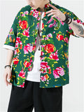 Male Flower Peacock Printed Short Sleeve Shirt