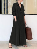 Minimalist Lapel Collar Long Sleeve Pocket Maxi Shirt Dress