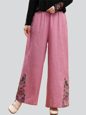 Ethnic Side Floral Embroidery Straight-Leg Pants for Women