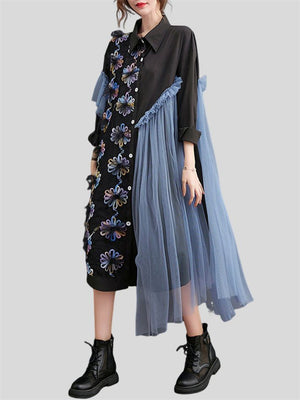 Ladies Chic & Trendy Flower Decoration Mesh Shirt Dress