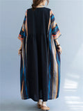 Ethnic Style Multicolor Stripes Round Neck Loose Dress for Women