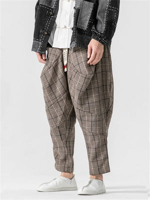 Winter Vintage Checked Baggy Pleated Woolen Pants for Men