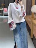 Lady Floral Embroidery Patchwork Flared Sleeve Shirt