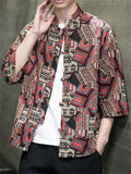 Men's Ethnic Style Print Stand Collar Knot Button Shirt