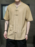 Men's V-neck Solid Jacquard Cotton Linen T-shirts