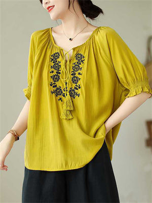 Casual Tassel Lace Up Dandelion Embroidery Shirt for Women