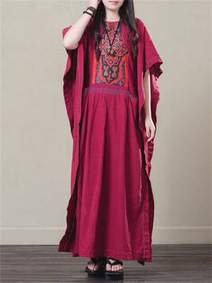 Ethnic Style Retro Wine Red Dress for Lady