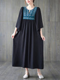 Ethnic Style V Neck Embroidery Ruffle Dress for Women