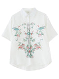 Female Koi Lotus Leaf Floral Print Button-Up Shirts