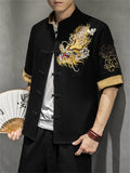 Chinese Style Hanfu Men's Golden Dragon Embroidery Knot Button Shirt