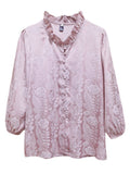 Elegant Puff Sleeve Floral Pattern Faux Silk Shirt for Women