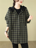 Women's Oversized Sport Button Up Plaid Hooded Jacket