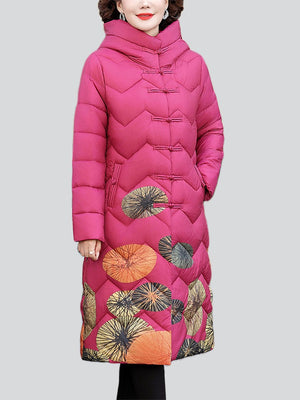 Warm Mid-length Hooded Printing Quilted Coats for Women