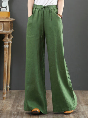 Women's Simple Linen High Waist Drawstring Wide Leg Pants