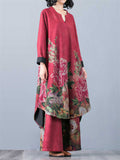 Beautiful Peony Print V Neck Long Sleeve Shirt + Loose Pants