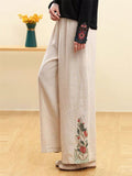 Ethnic Side Floral Embroidery Straight-Leg Pants for Women