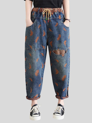 Women's Orange Feather Chic Splicing Blue Denim Pants