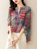 Summer Bohemian Style V Neck Print Vacation Shirt for Women