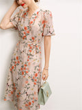 Ladies French Style V-Neck Floral Print Lantern Sleeve Dress