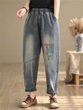 Women's Elastic Waist TR Patch Letter Embroidered Jeans