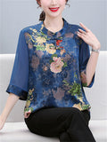 Women's Summer Elegant Peony Print Half Sleeve Shirt