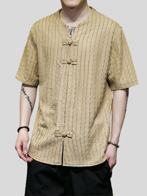 Men's V-neck Solid Jacquard Cotton Linen T-shirts