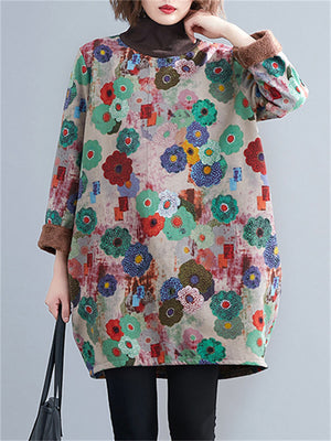 Women's Colorful Flower High Neck Plush Liner Winter Dress