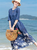 White Flower Print Round Neck Half Sleeve Blue Dress for Lady