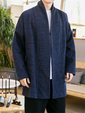 Men's Vintage Jacquard Cotton Linen Plush Liner Cardigan Coat