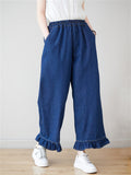 Women's Ruffled Leg Cuff Blue Straight Leg Jeans