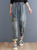 Women's Frayed Patch Printed Elastic Waist Multi-pocket Jeans