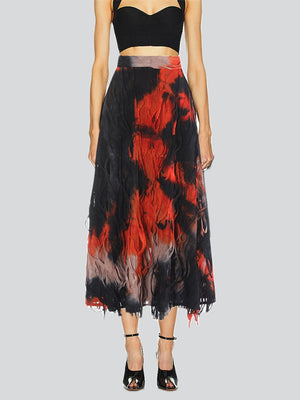 Personality Tie-Dye Tassel High Waist Midi Skirt for Women