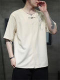 Male Bamboo Embroidered Half Sleeve Metal Button Shirt