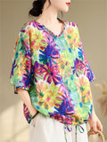 Summer Bright Daisy Print Drawstring Hem V-Neck Shirt for Female