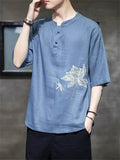 Lotus Flower Dragonfly Embroidered Men's Half Sleeve Shirts